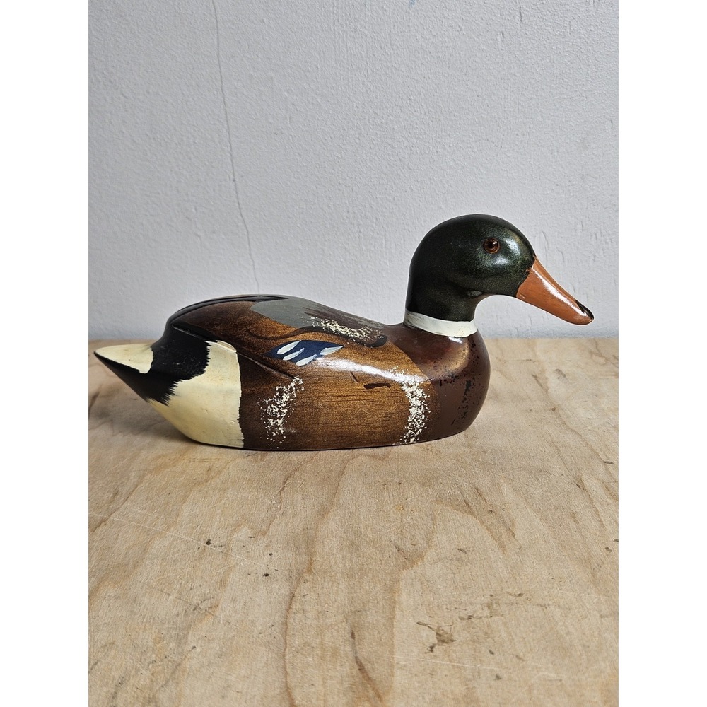 Wooden Mallard Duck Decoy Figurine Hand Painted Rustic Hunting Cabin Decor 7x3
